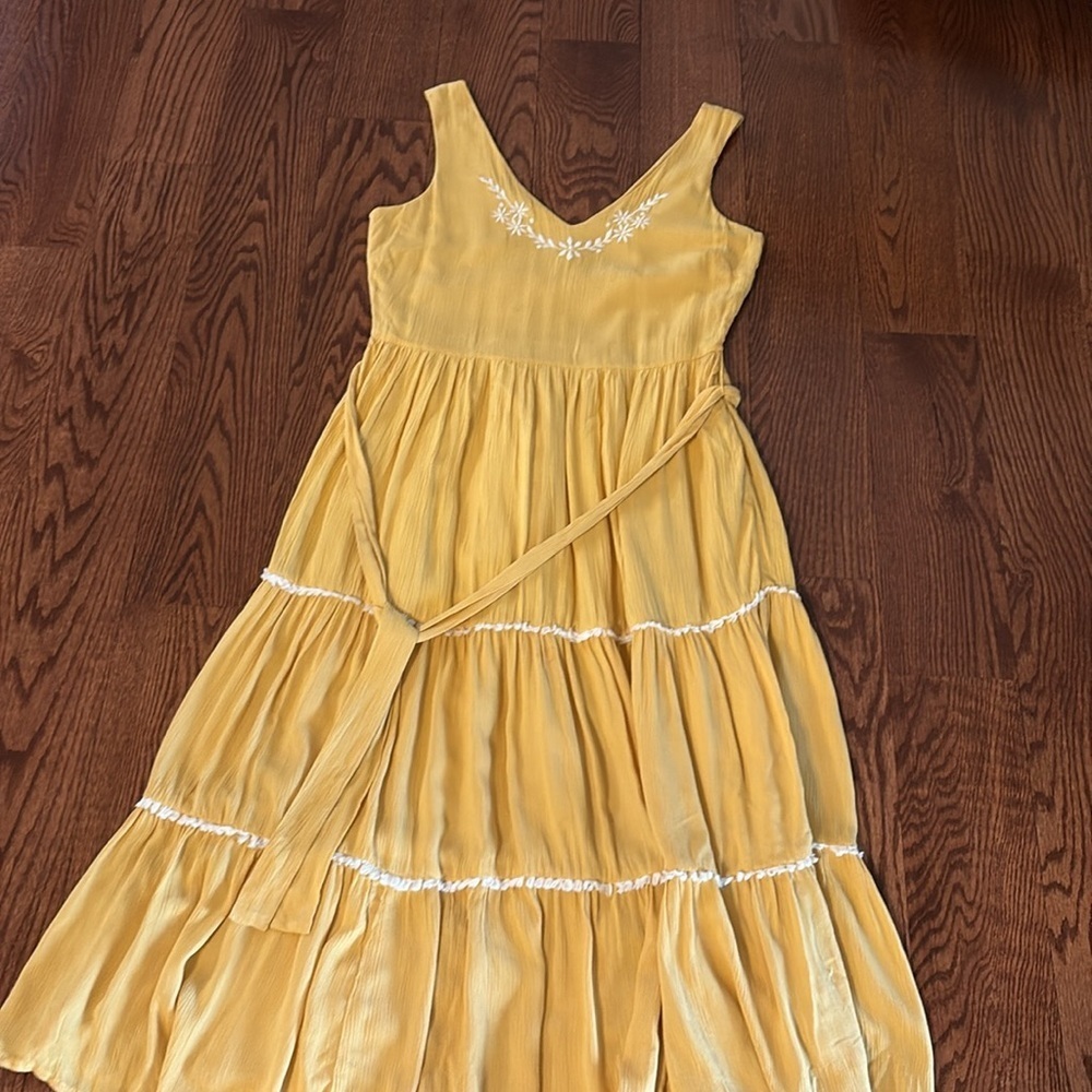 Joie embroidered Tiered boho Midi Sundress side zipper belted yellow size 6 - Picture 15 of 16